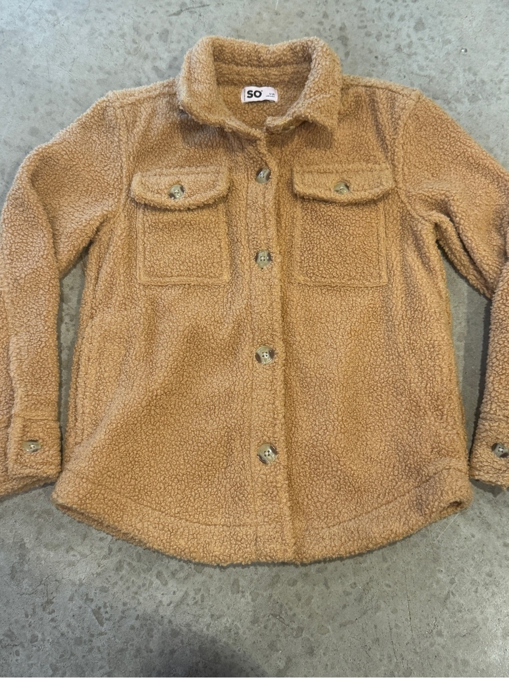 SO Plush Sherpa Button-Front Jacket in Camel Brown